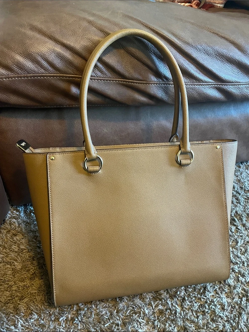 Coach Tan Saffiano Leather Top-Handle Satchel with Gold Hardware w/COA